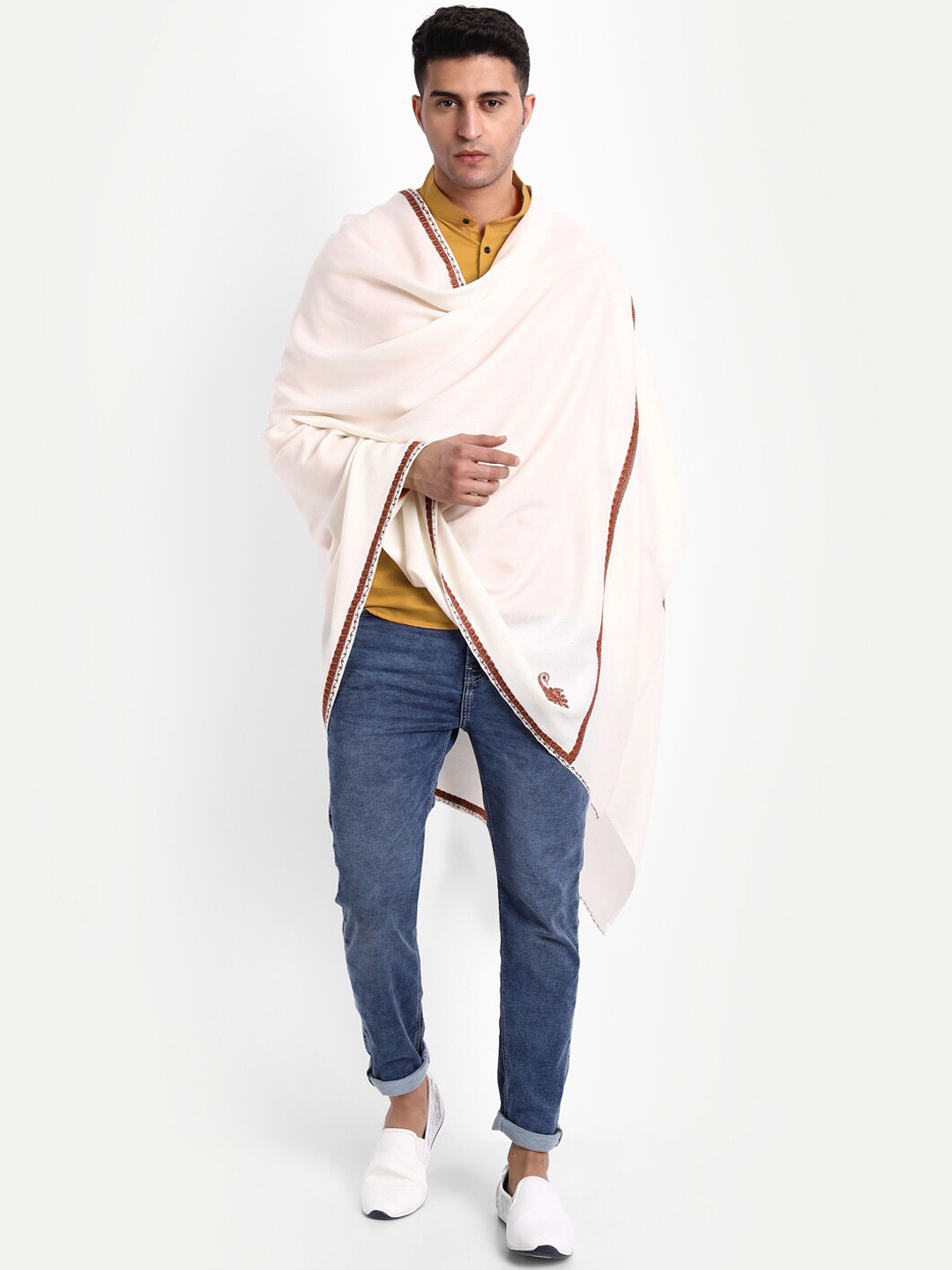Zamour Men White Embroidered Woolen Shawl