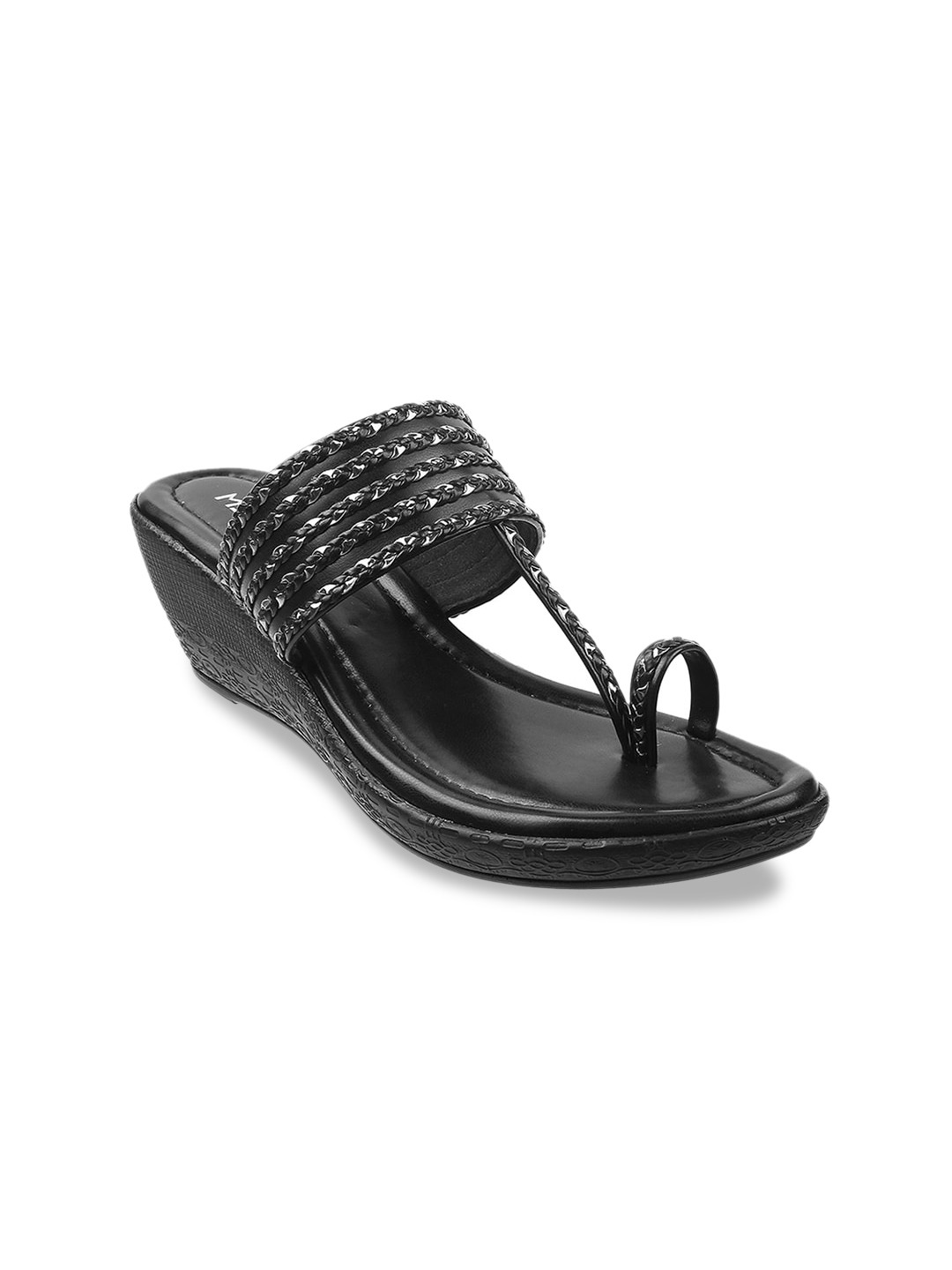 Metro Women Black Embellished Open Toe Wedges
