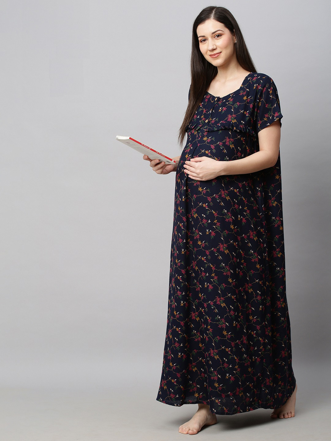 MomToBe Navy Blue Printed Maxi Maternity Cotton Nightdress