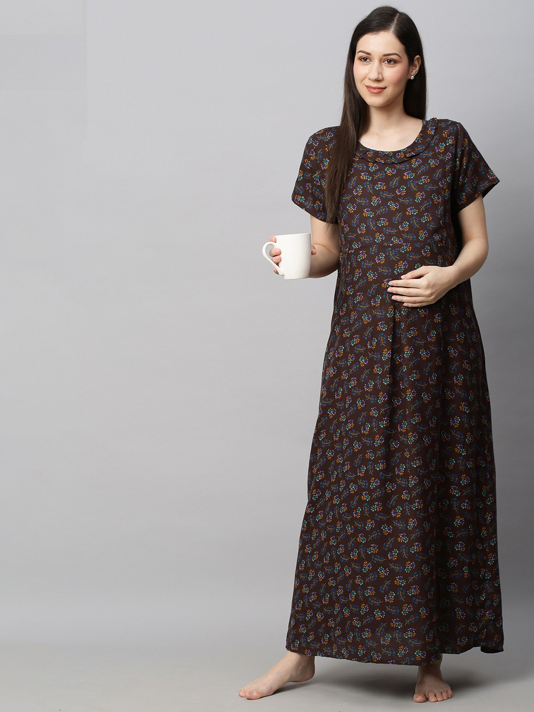 MomToBe Brown Printed Maxi Maternity Sustainable Nightdress
