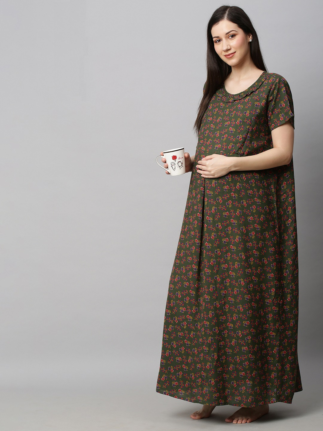 MomToBe Green Printed Maxi Nursing Sustainable Nightdress