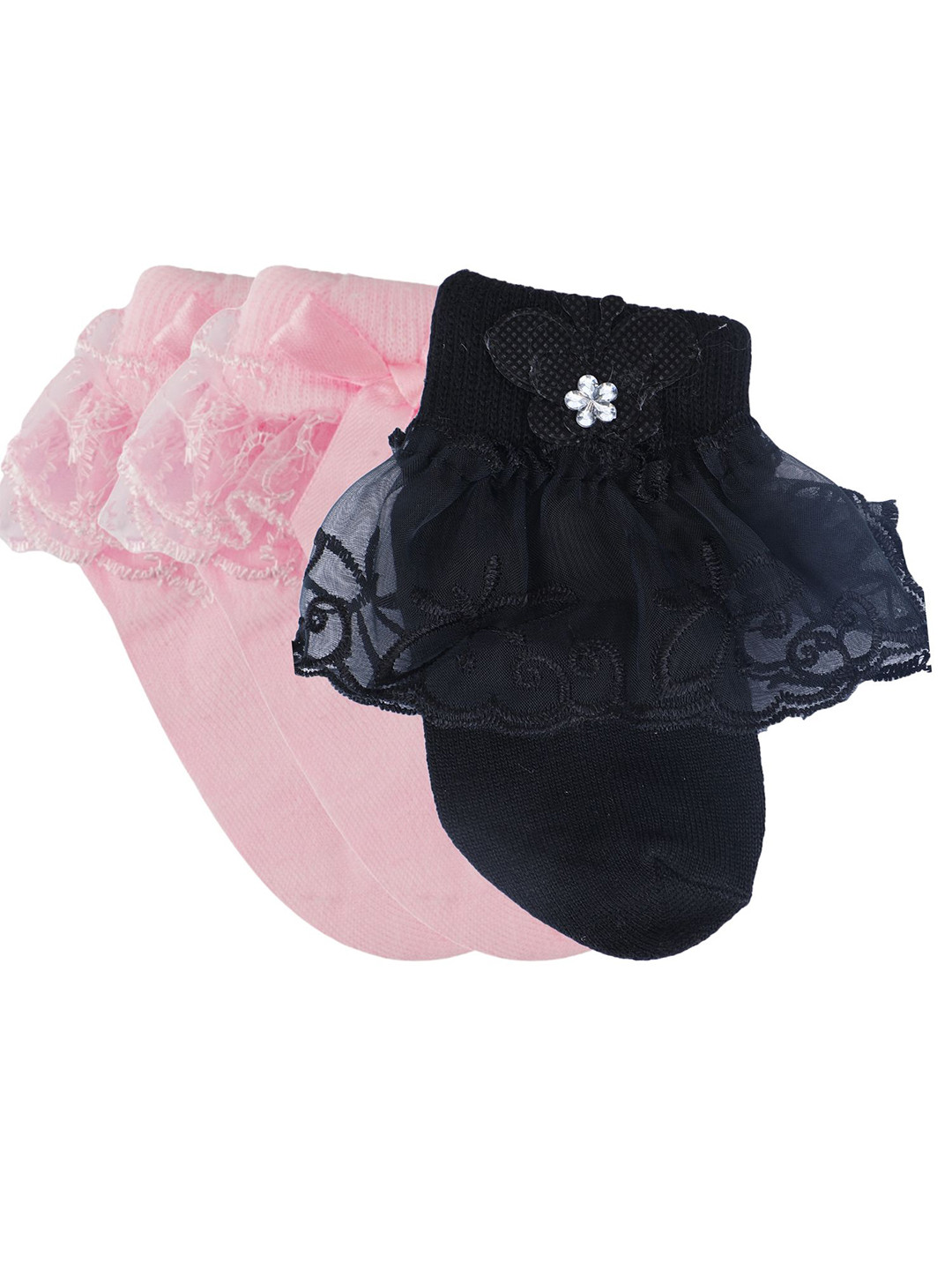 N2S NEXT2SKIN Girls Pack of 3 Pink & Black Cotton Ankle-Length Socks