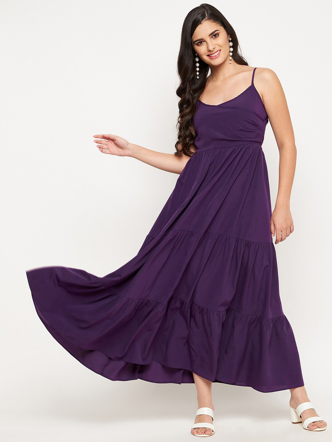 WineRed Purple Crepe Maxi Tiered Dress