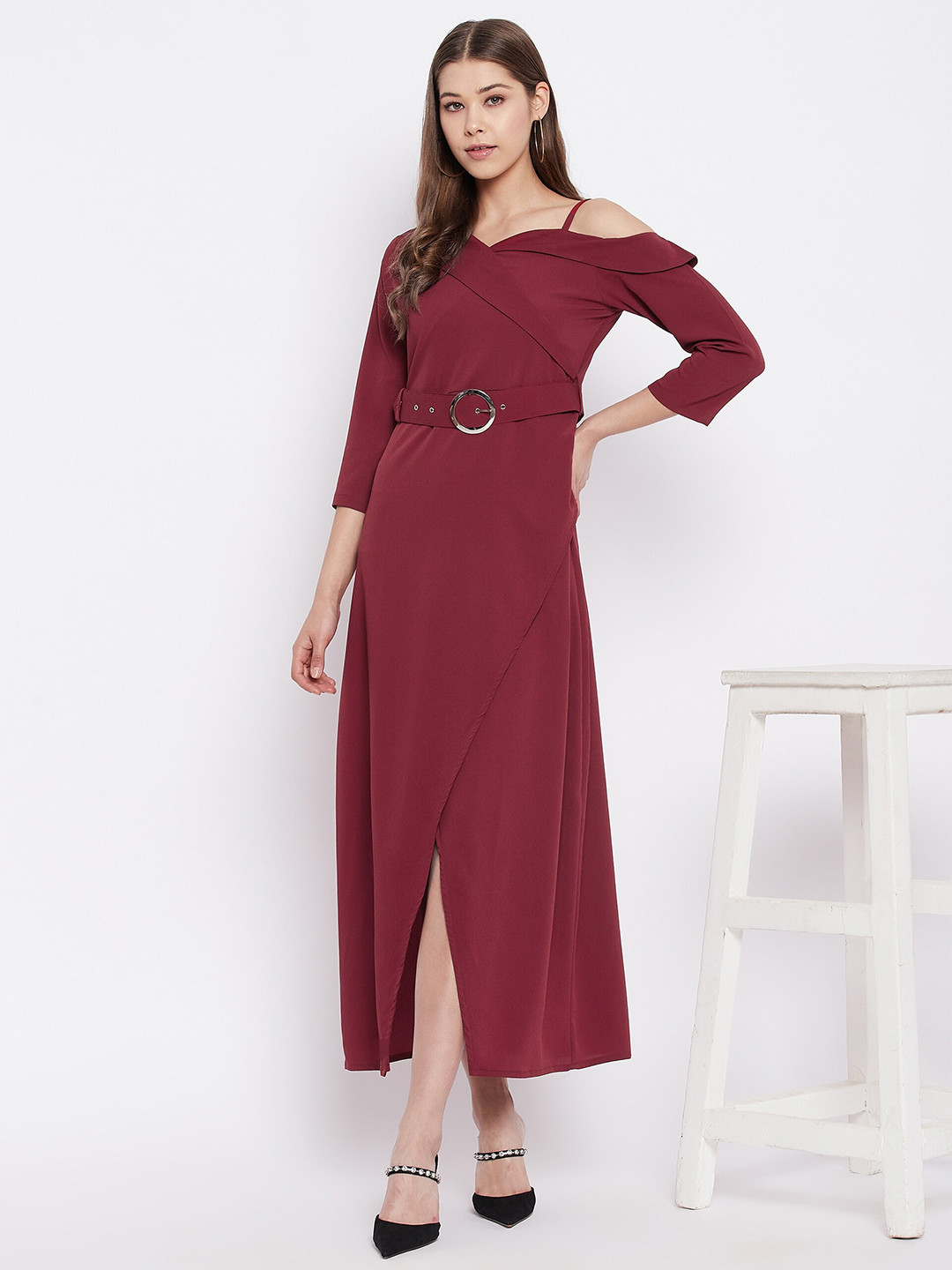 WineRed Maroon Crepe Maxi Midi Dress with Buckle