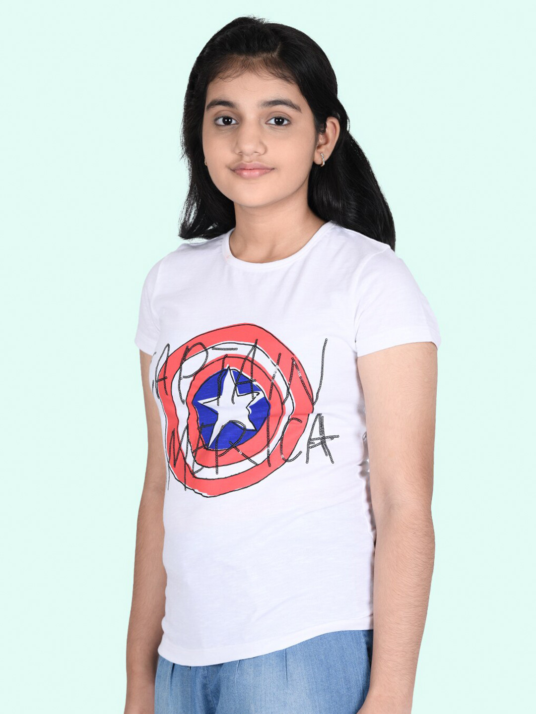 Zalio Girls White Captain America Printed T-shirt