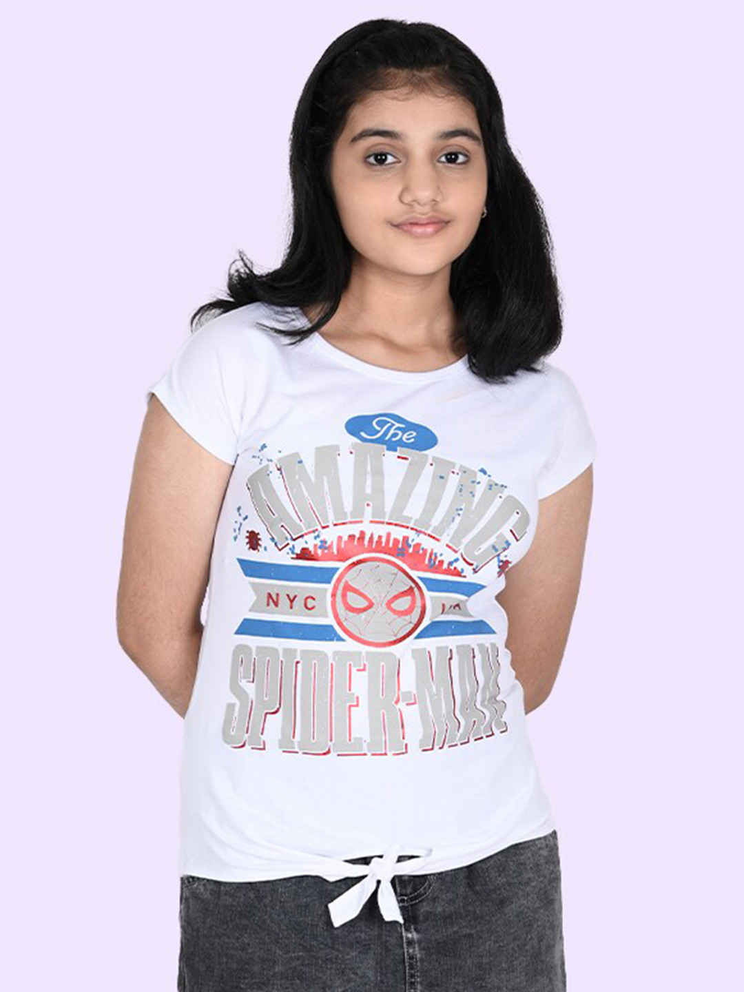Zalio Girls White Typography Spider-Man Printed Cotton T-shirt