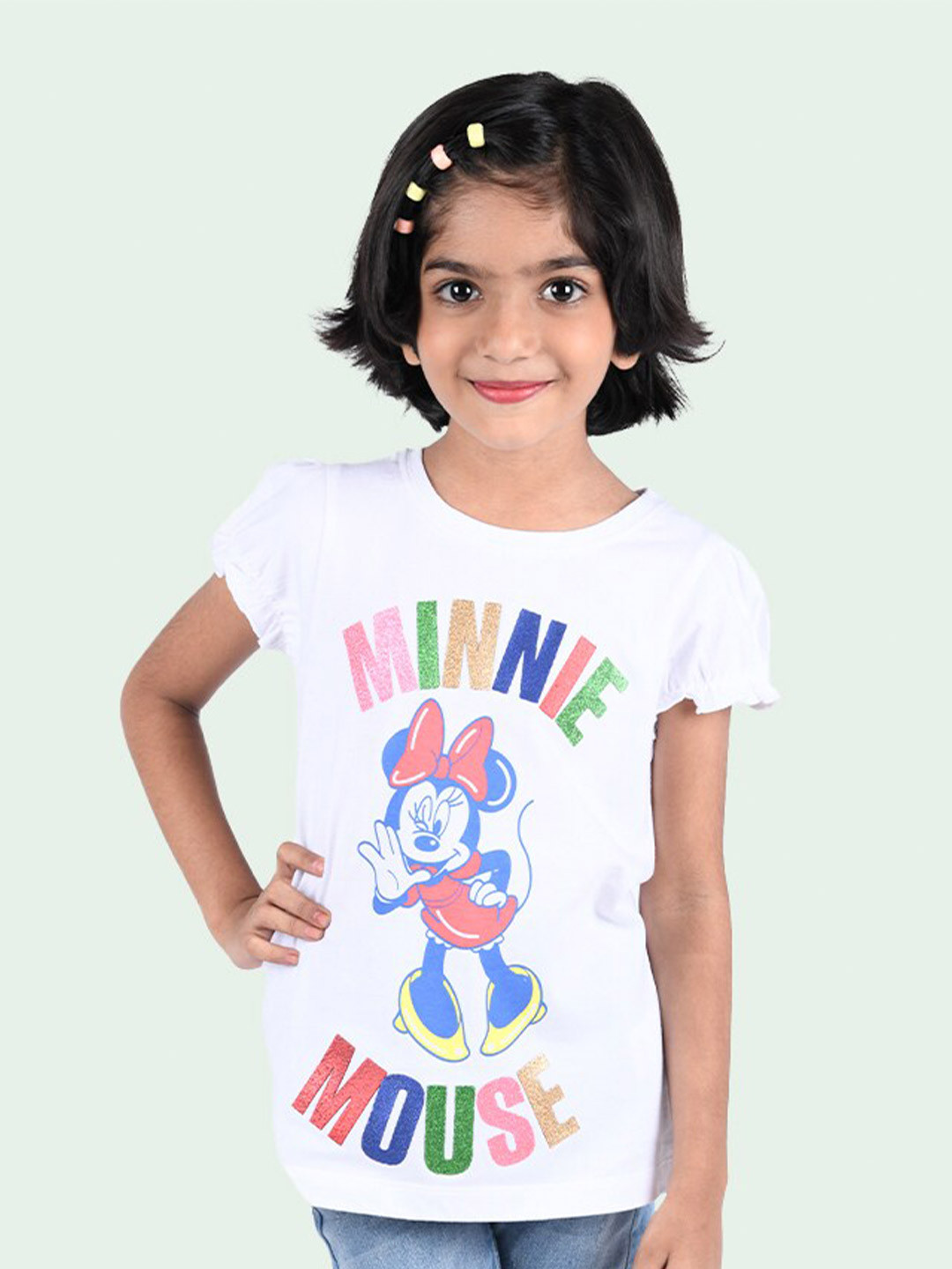 Zalio Girls White Minnie Mouse Printed Cotton T-shirt