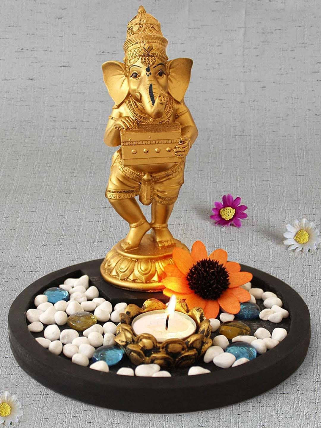 TIED RIBBONS Ganesha with Tray Stones & Tealight Candle Holder Gold Polyresin Glossy Prayer Room Lights Set of 3 Medium Showpieces - 8.5 Inches
