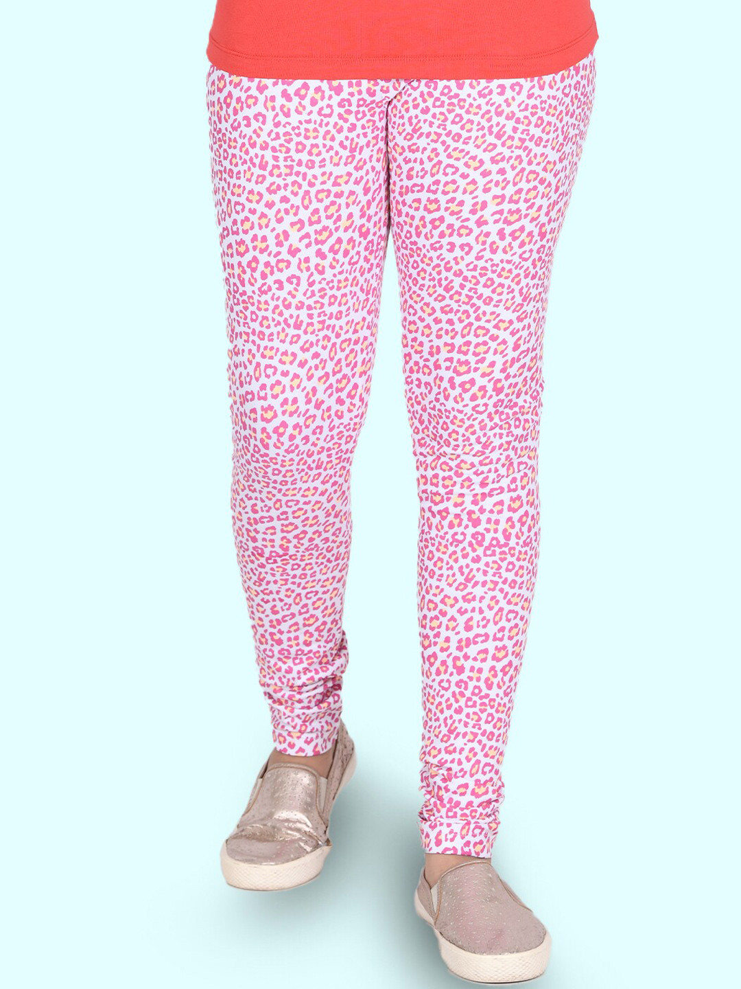 Zalio Girls Pink Printed Churidar Length Pure Cotton Leggings