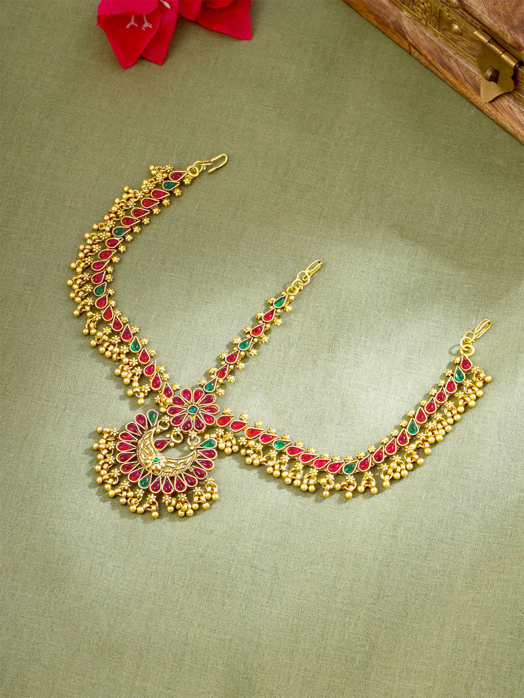 Yellow Chimes Gold-Toned Green Kundan Layered Temple Bridal Traditional Matha Patti