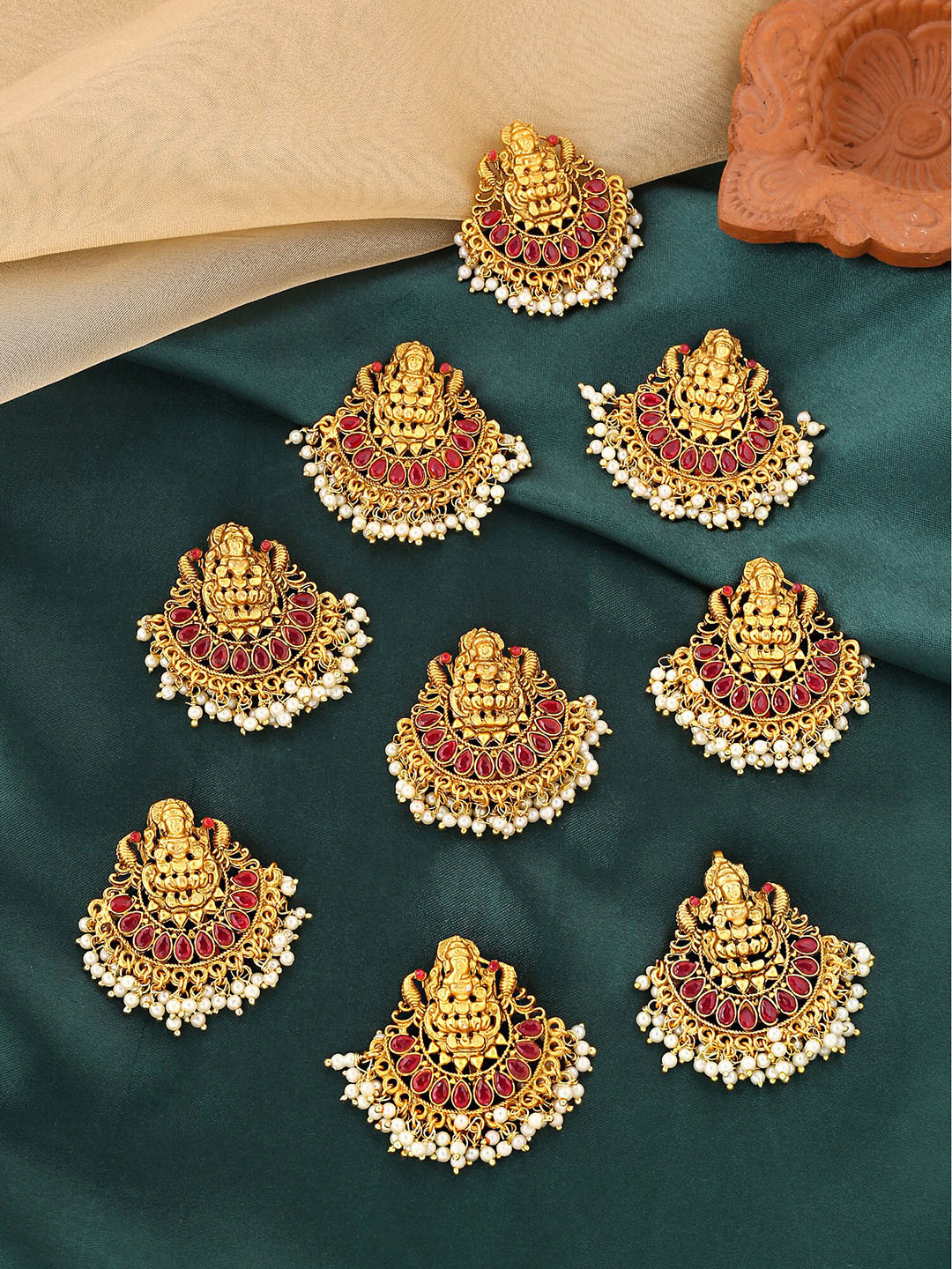 Yellow Chimes 9 Pcs Gold-Plated Red Stone Pearl Choti Jadai Billai Bridal Hair Accessories