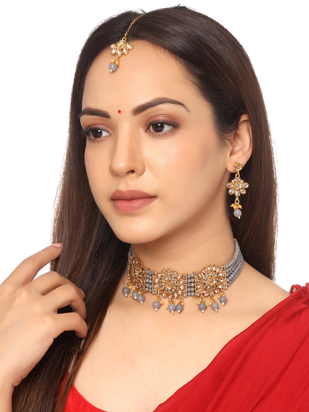 Yellow Chimes Gold Plated & Grey Beaded Choker Jewellery Set with Maangtikka
