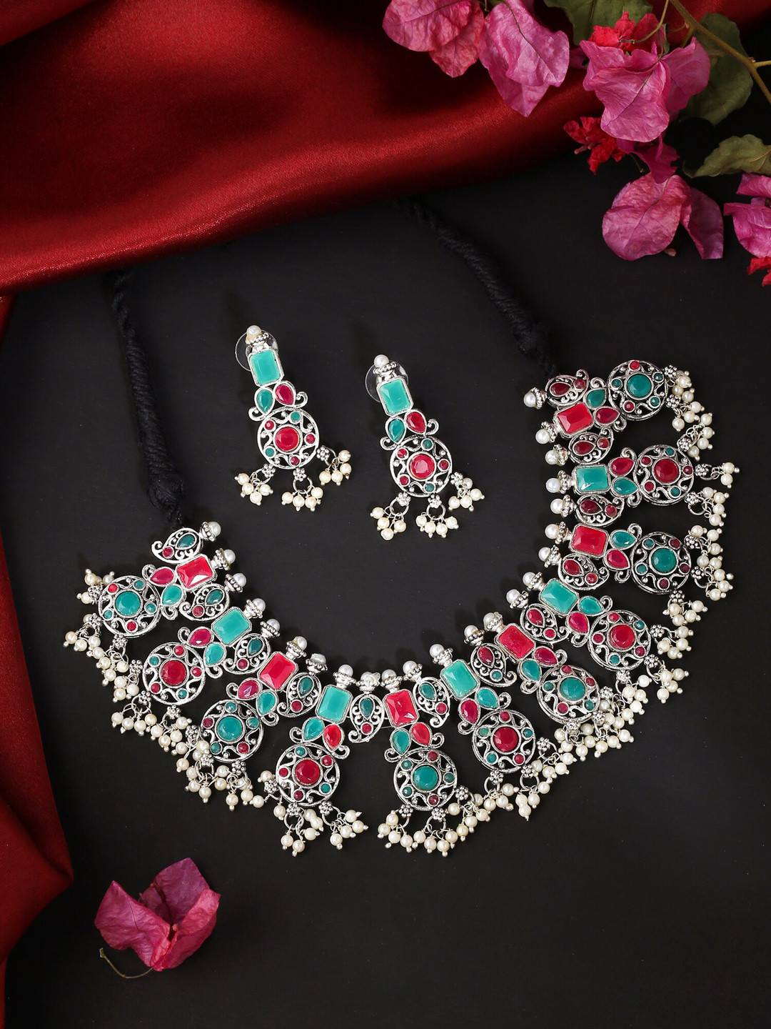 Yellow Chimes Pink & Green Stone Beaded Pearl Studded Exquisite Choker Necklace Set