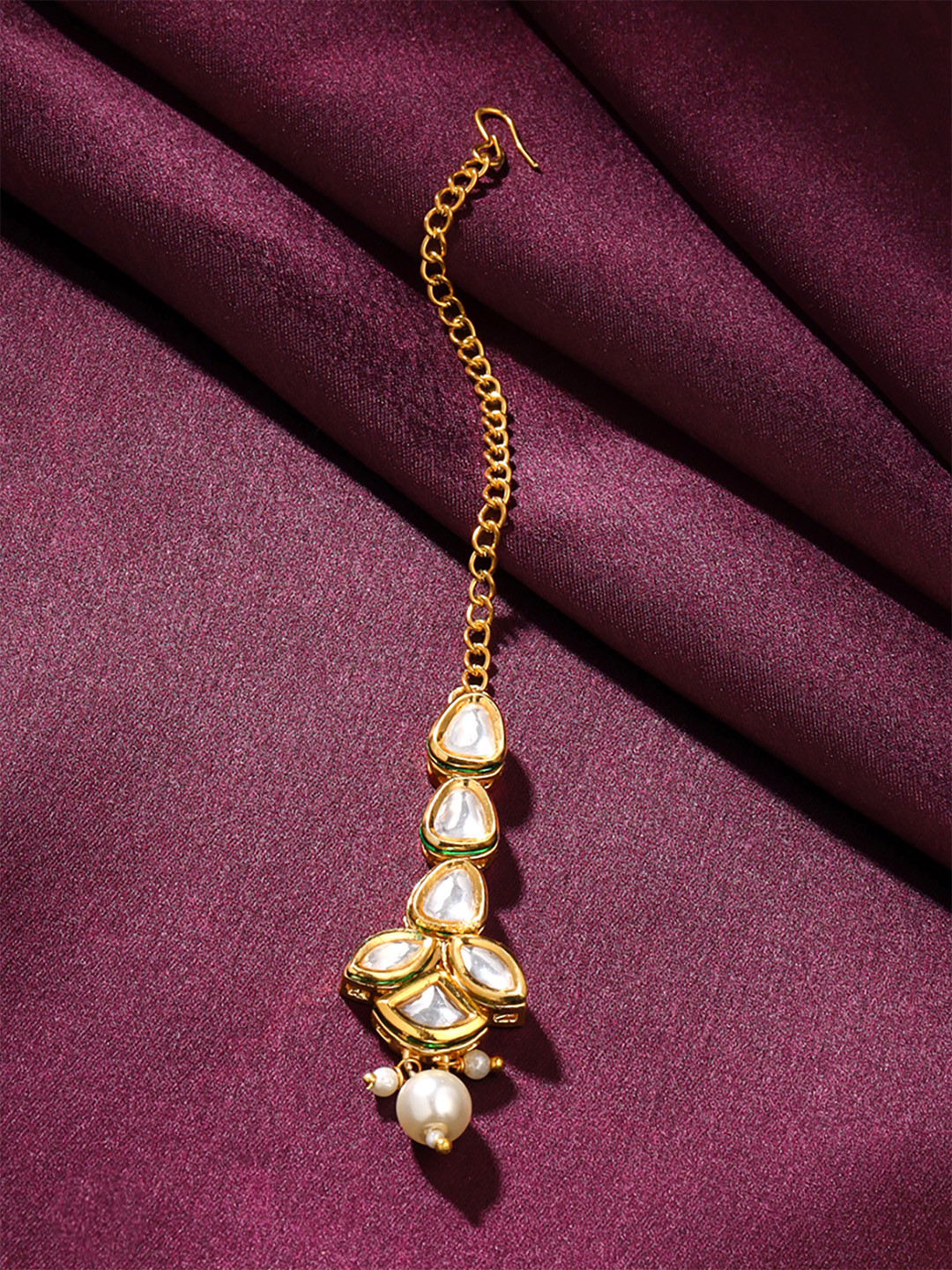 Yellow Chimes Gold Toned Crystal Studded Traditional Maangtikka