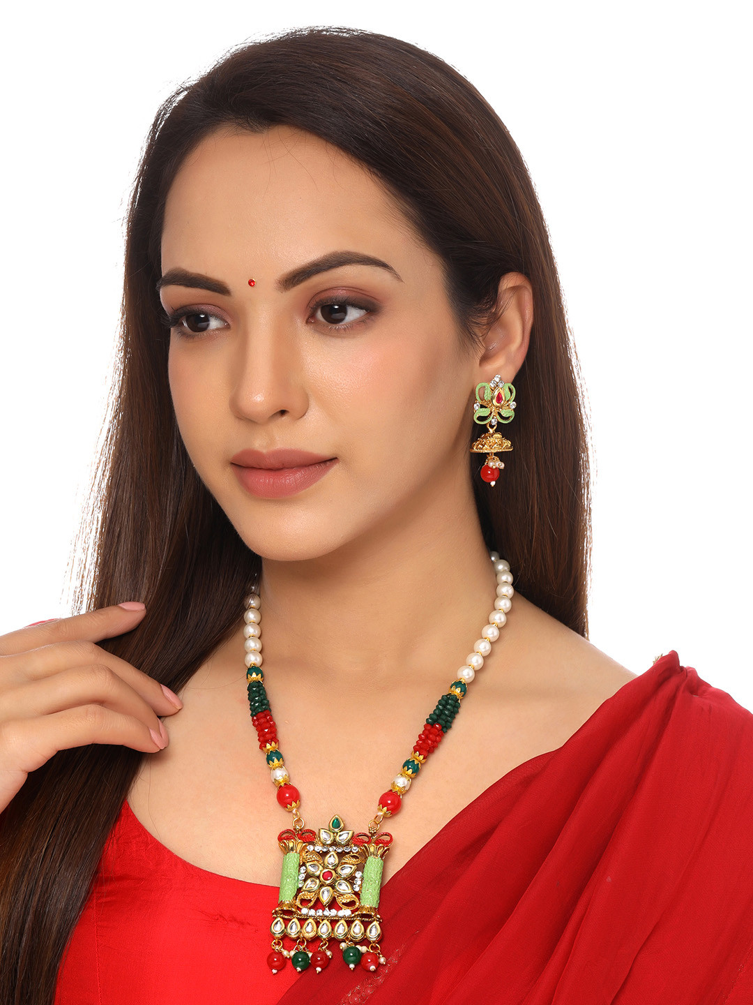 Yellow Chimes Gold-Plated & White Long Kundan Beaded Charm Jewellery Set