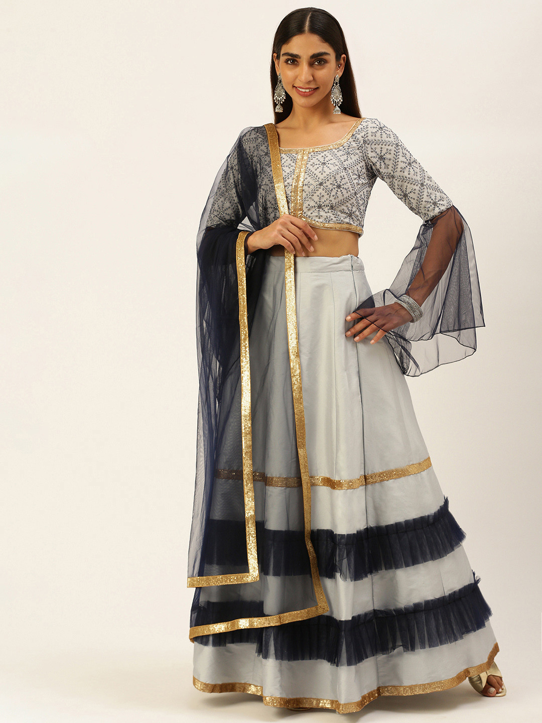 Ethnovog Grey  Gold-Toned Sequinned Ready to Wear Lehenga  Blouse With Dupatta
