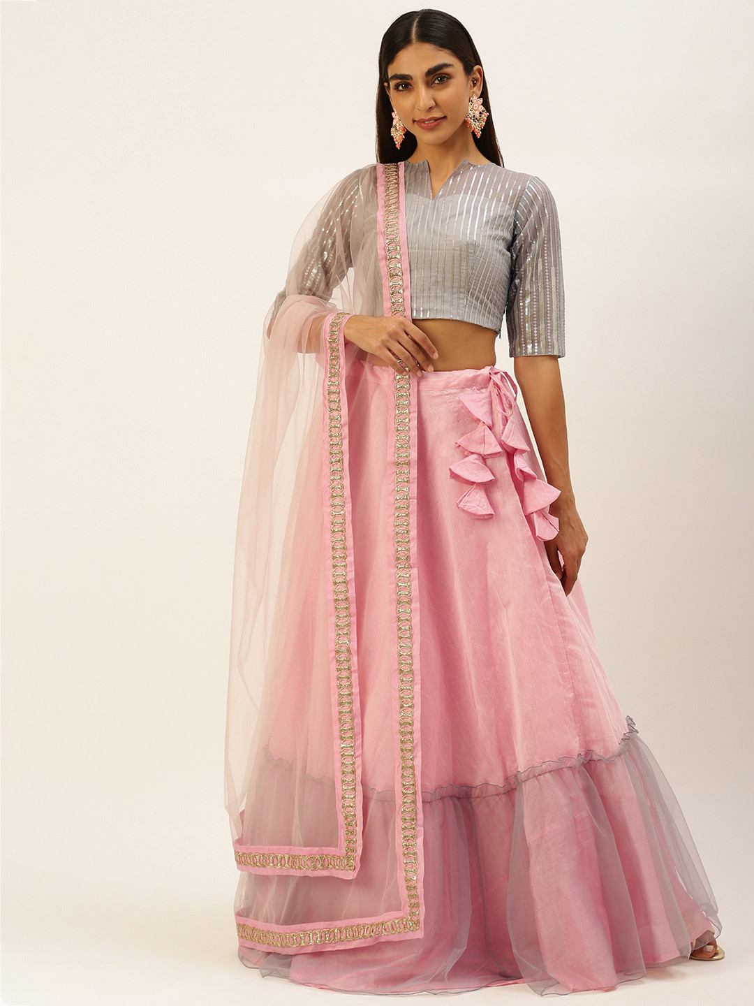 Ethnovog Grey  Pink Sequinned Ready to Wear Lehenga  Blouse With Dupatta