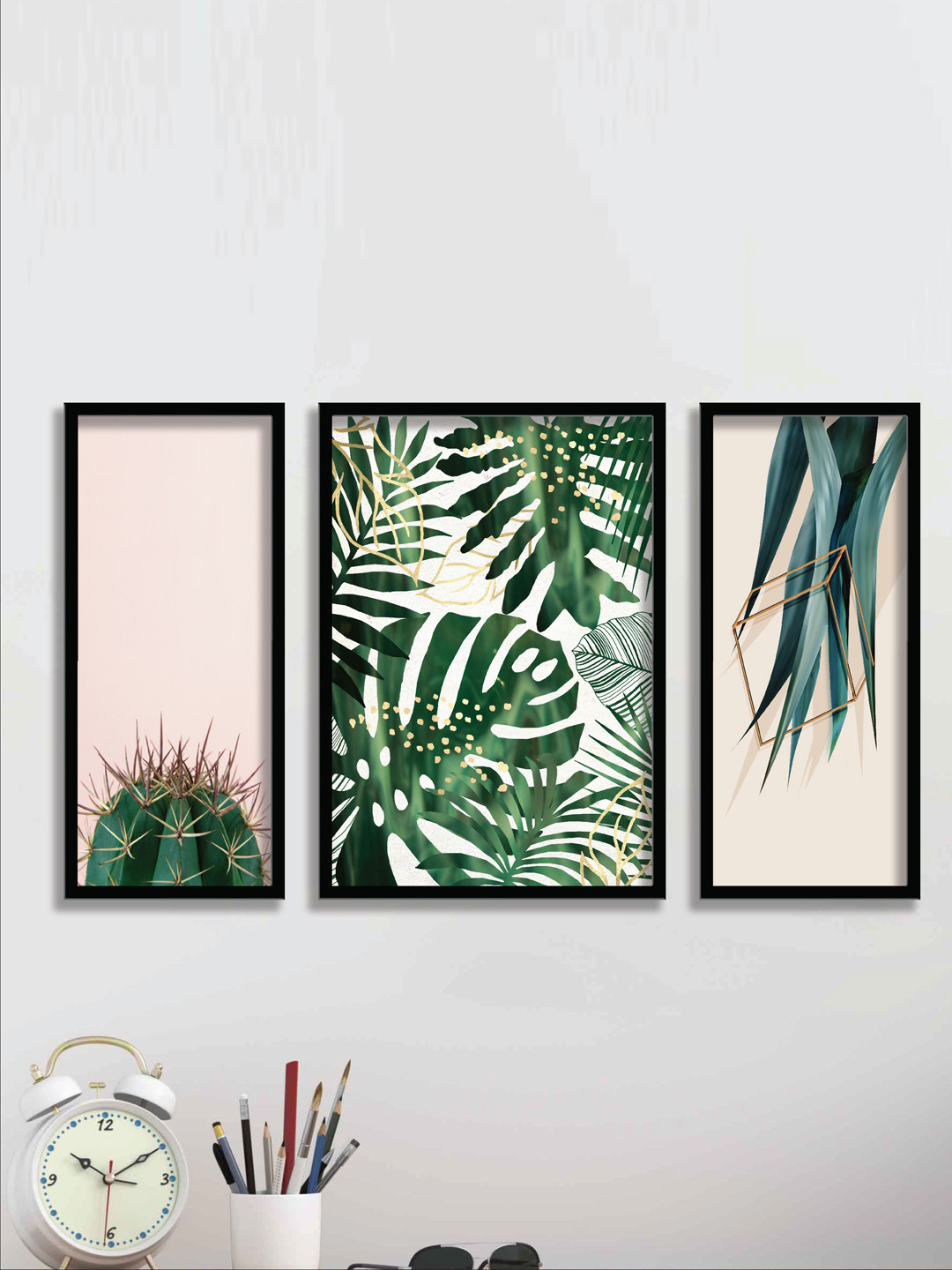 SAF Set Of 3 Black & Green UV Textured Painting Wall Art
