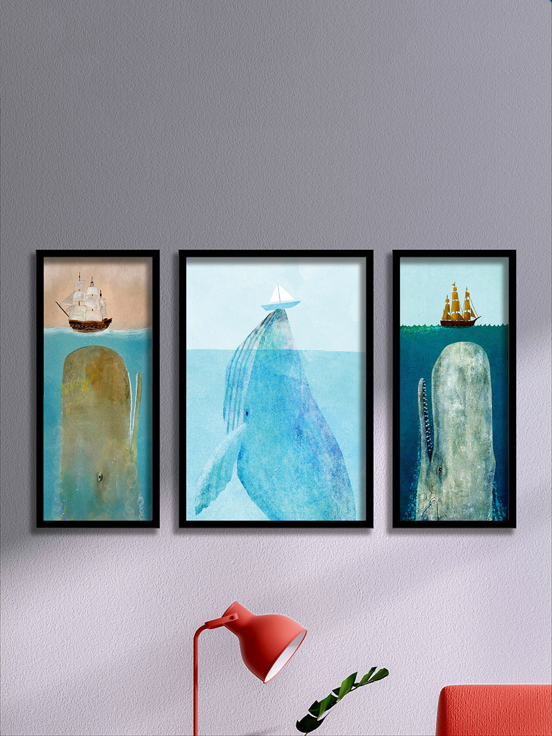 SAF Set Of 3 Blue & Black Dolphin UV Textured Wall painting  Art