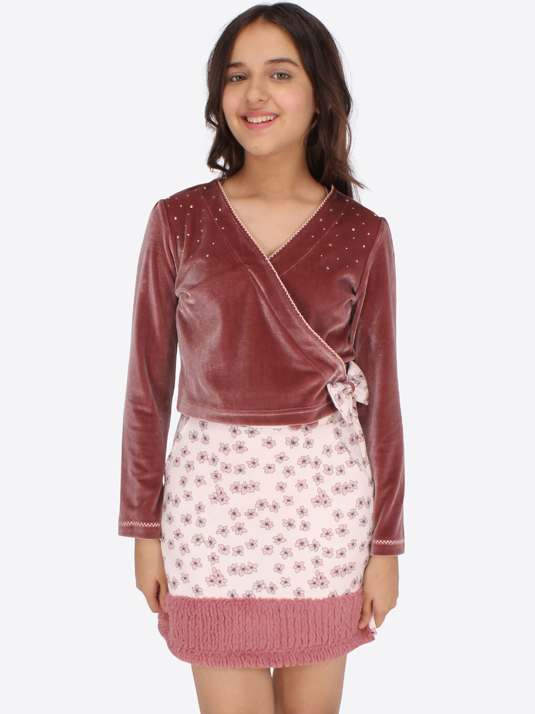 CUTECUMBER Girls Brown & White Top with Skirt