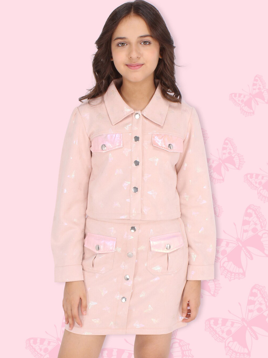 CUTECUMBER Girls Peach-Coloured Printed Coat with Skirt