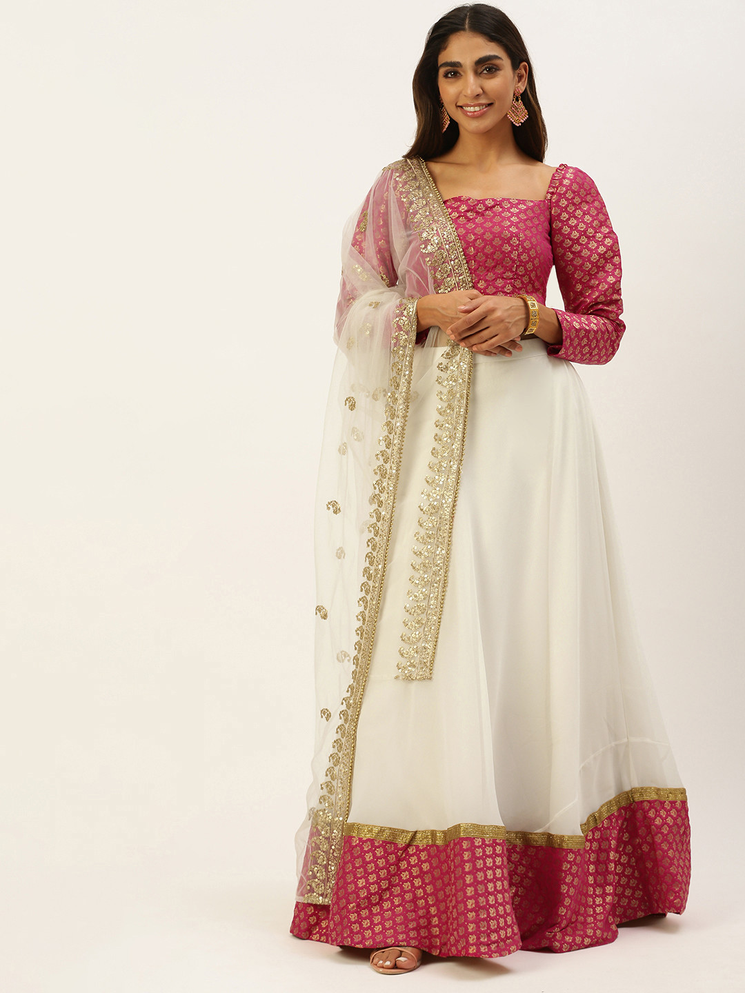 Ethnovog Pink  White Ready to Wear Jacquard Lehenga  Blouse With Dupatta