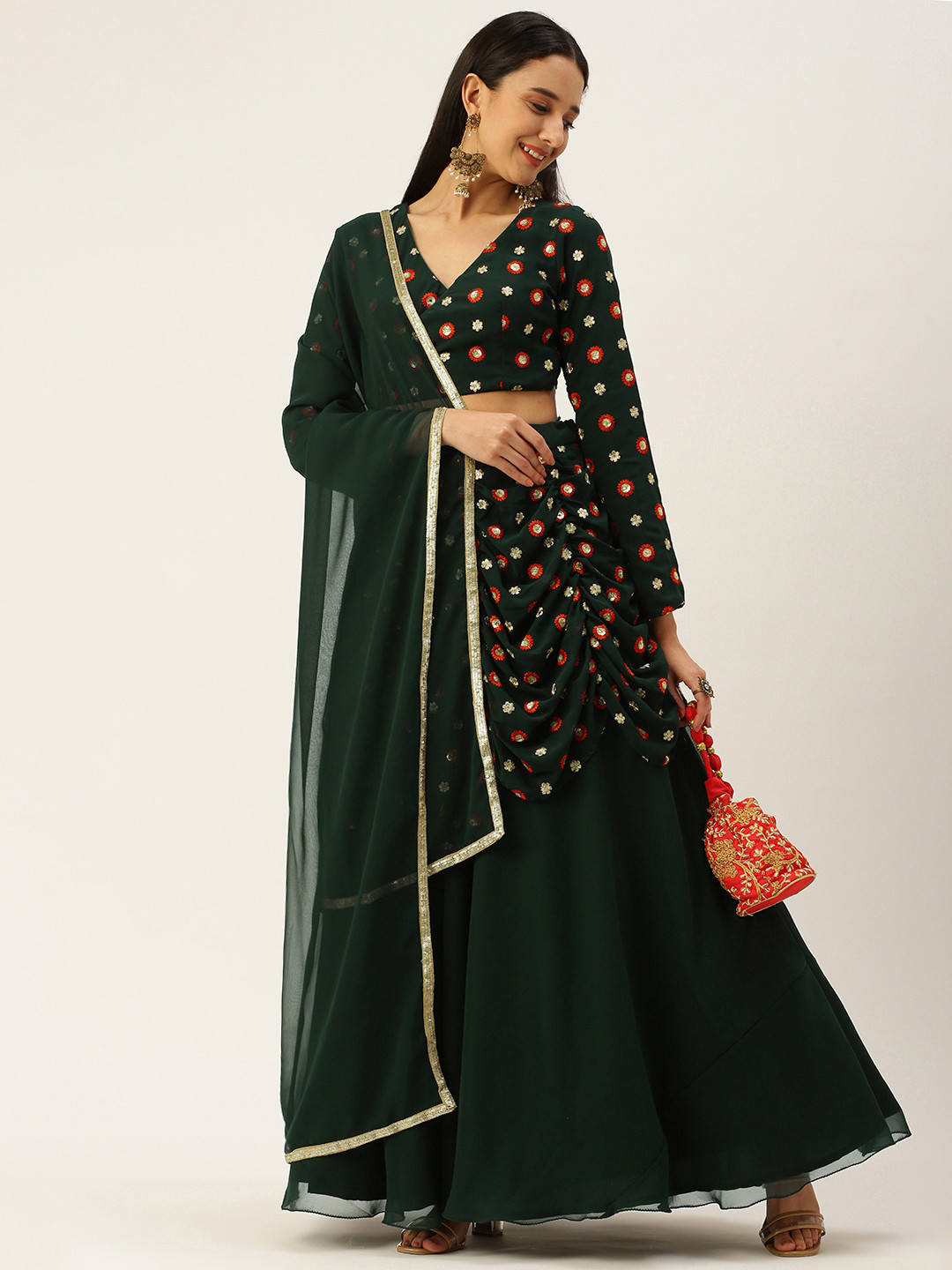 Ethnovog Green Embroidered Sequinned Ready to Wear Lehenga  Blouse With Dupatta