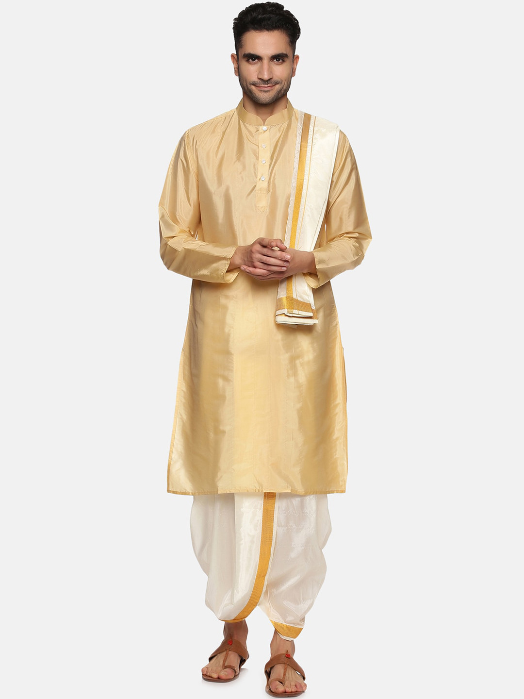 Sethukrishna Men Beige Kurta with Dhoti Pants & Angavastram Set