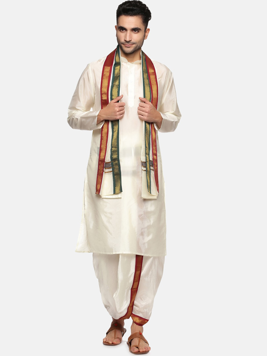Sethukrishna Men Cream-Coloured Kurta with Dhoti Pants And With Angavastram