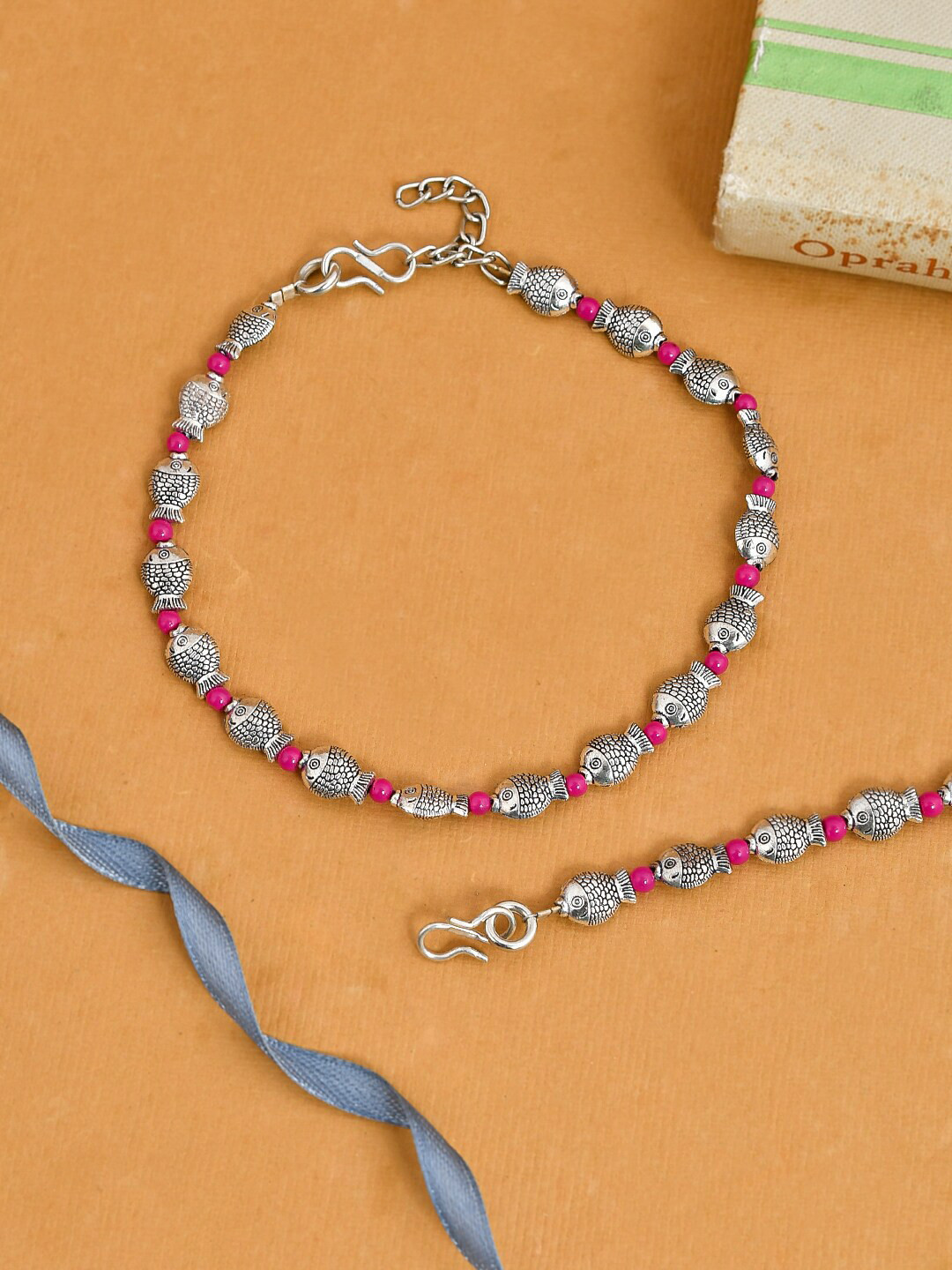 Silvermerc Designs Set of 2 Silver-Plated Pink Beads Fish Anklets
