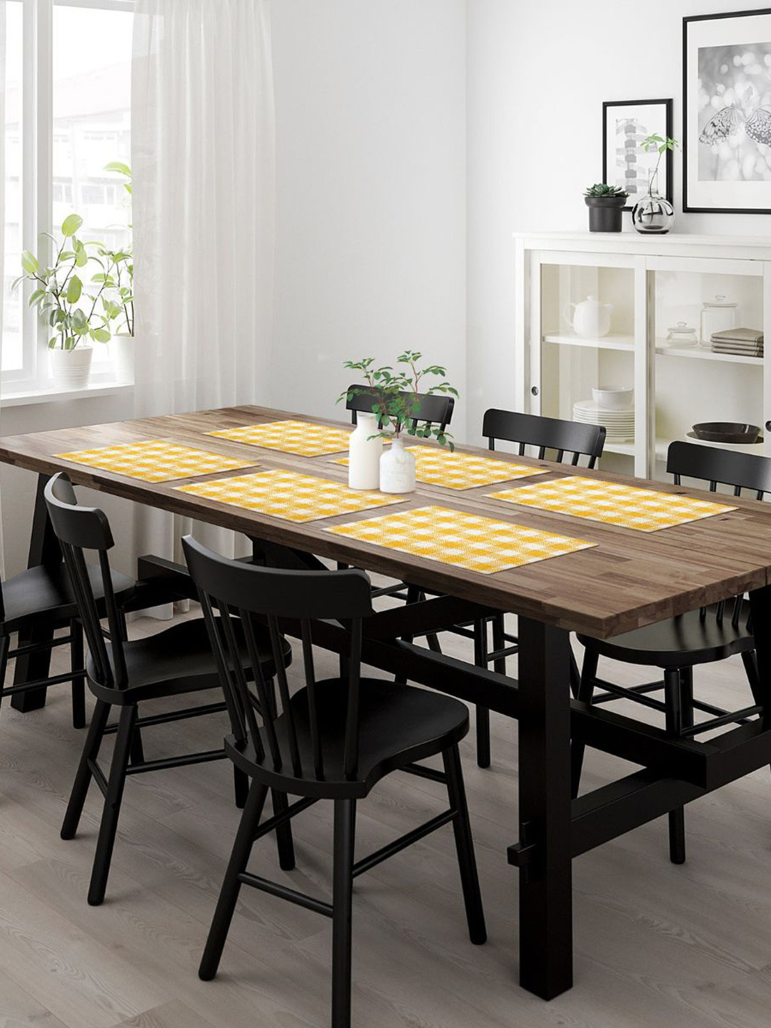 SHADES of LIFE Set Of 6 Yellow Checked Cotton Table Placemats