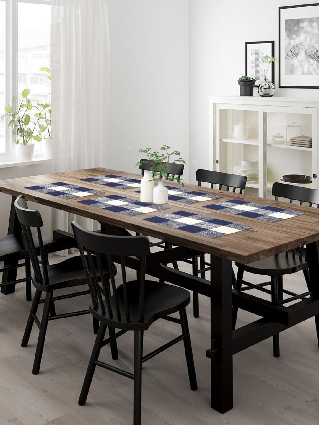 SHADES of LIFE Set Of 6 Navy Blue Checked Cotton Table Placemats