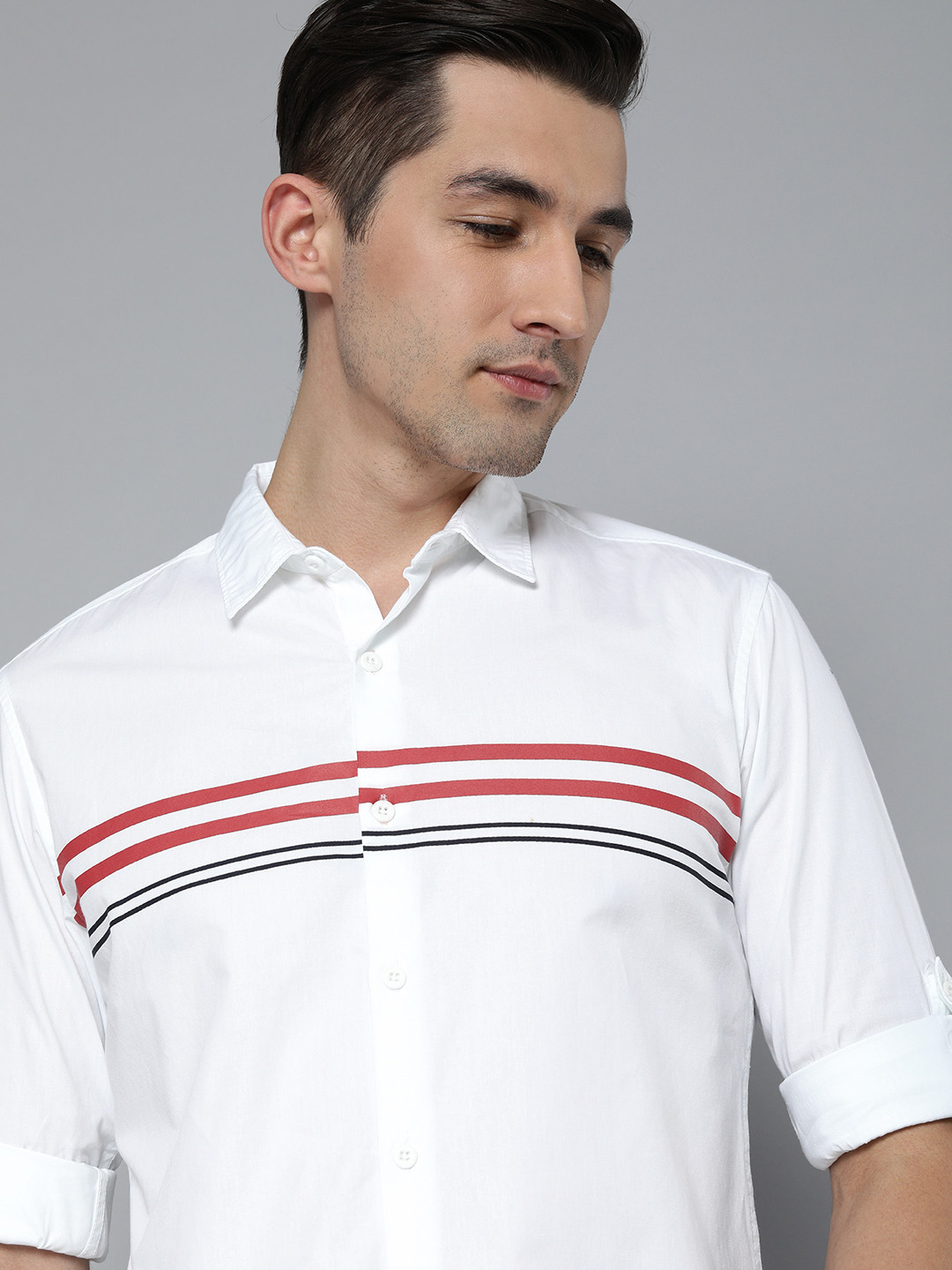 HERE&NOW Men White & Red Slim Fit Pure Cotton Horizontal Striped Casual Shirt
