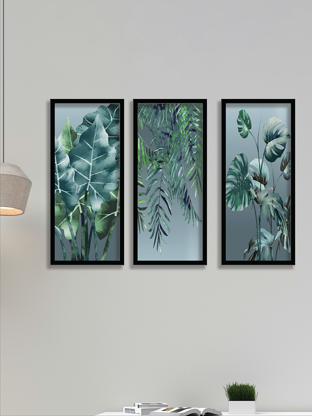 SAF Set Of 3 Blue & Black UV Textured Painting Wall Art