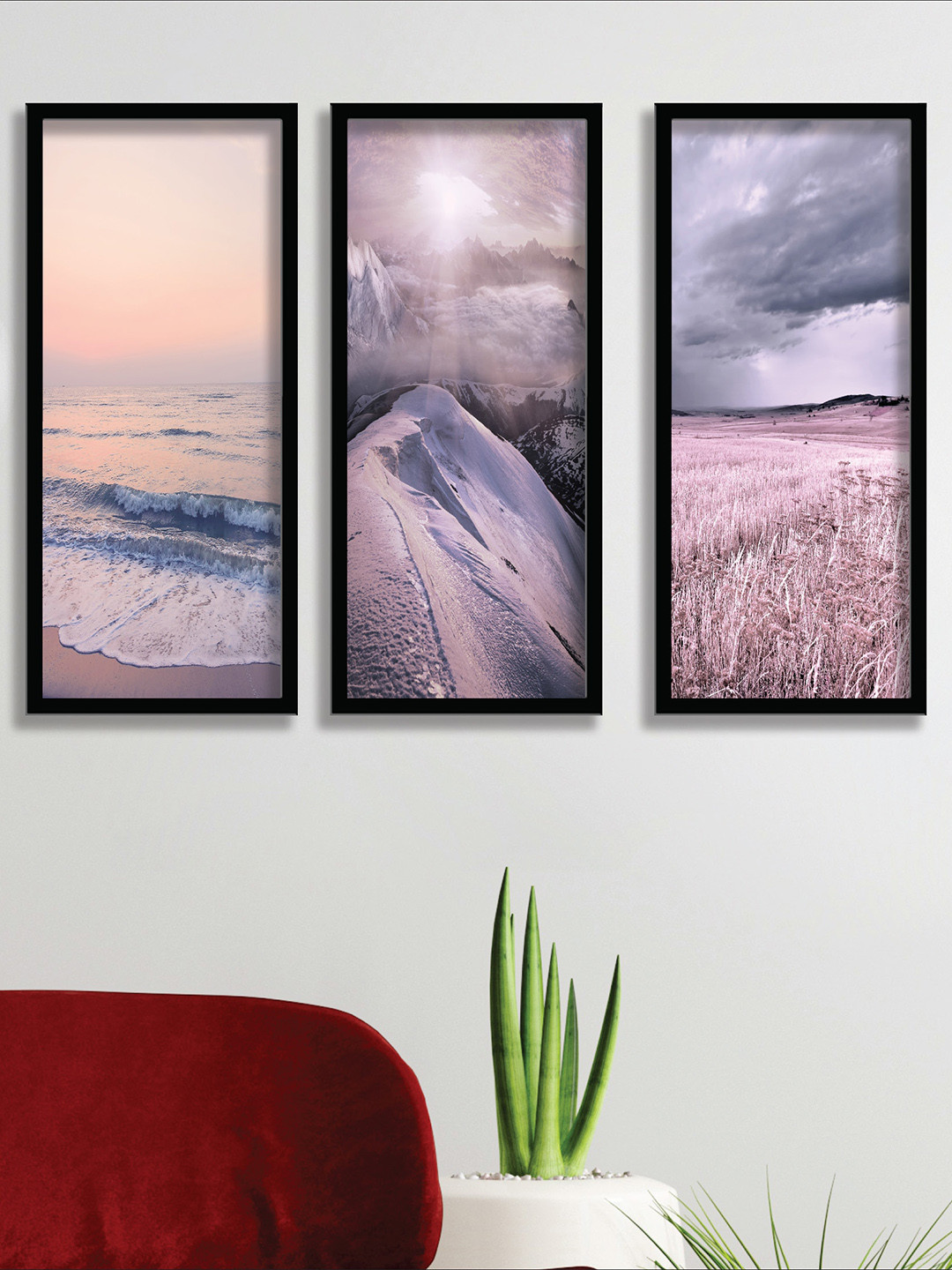SAF Set Of 3 Black & Purple UV Textured Painting Wall Art