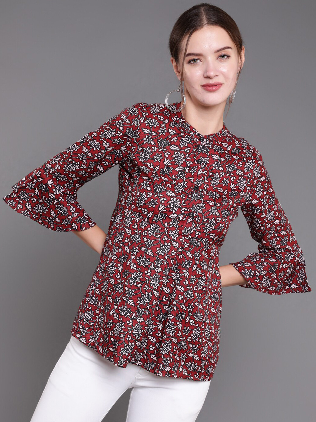 antaran Women Maroon & Grey Floral Printed Pure Cotton Top