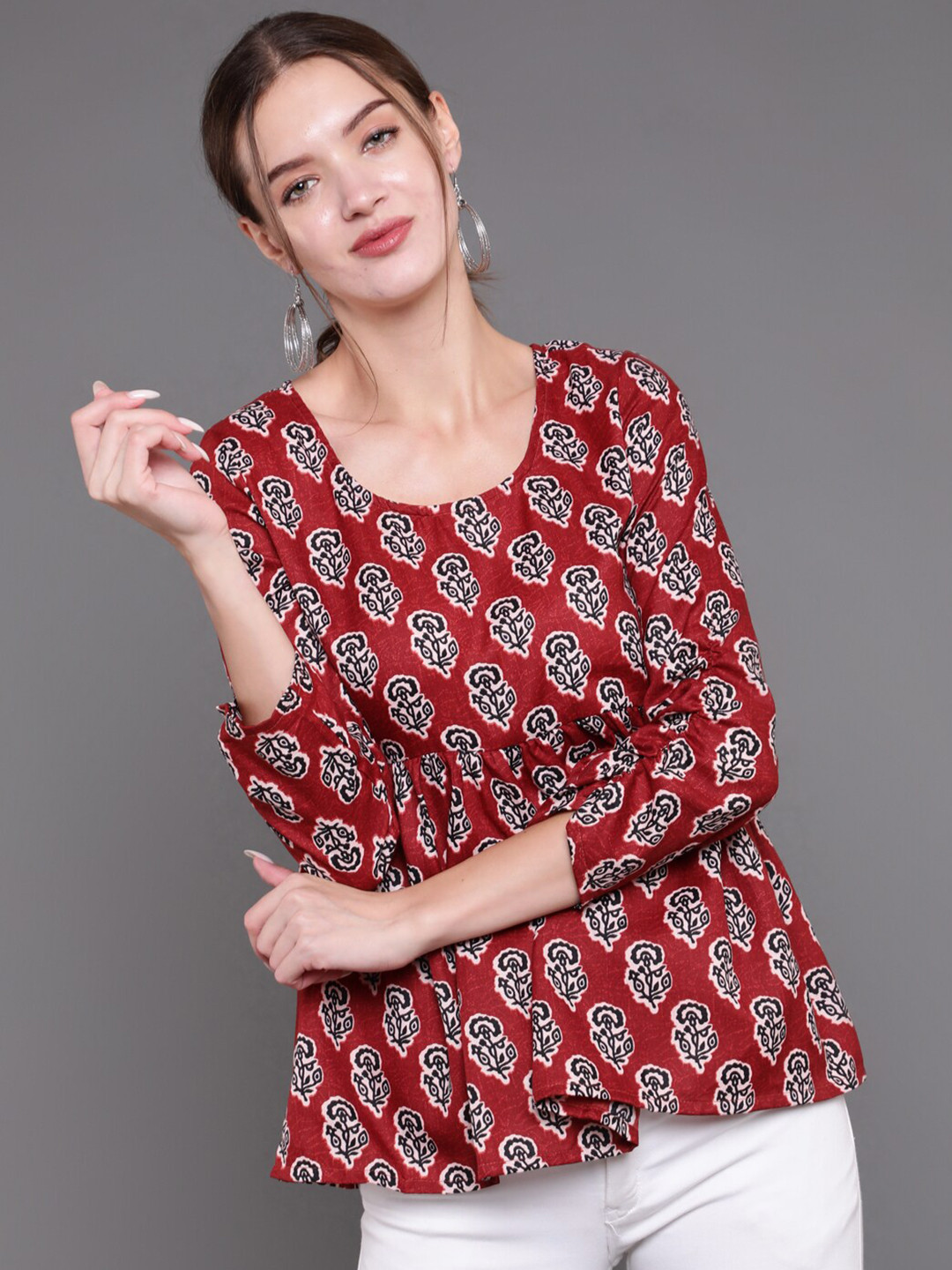 antaran Maroon & Black Print Pure Cotton Peplum Top