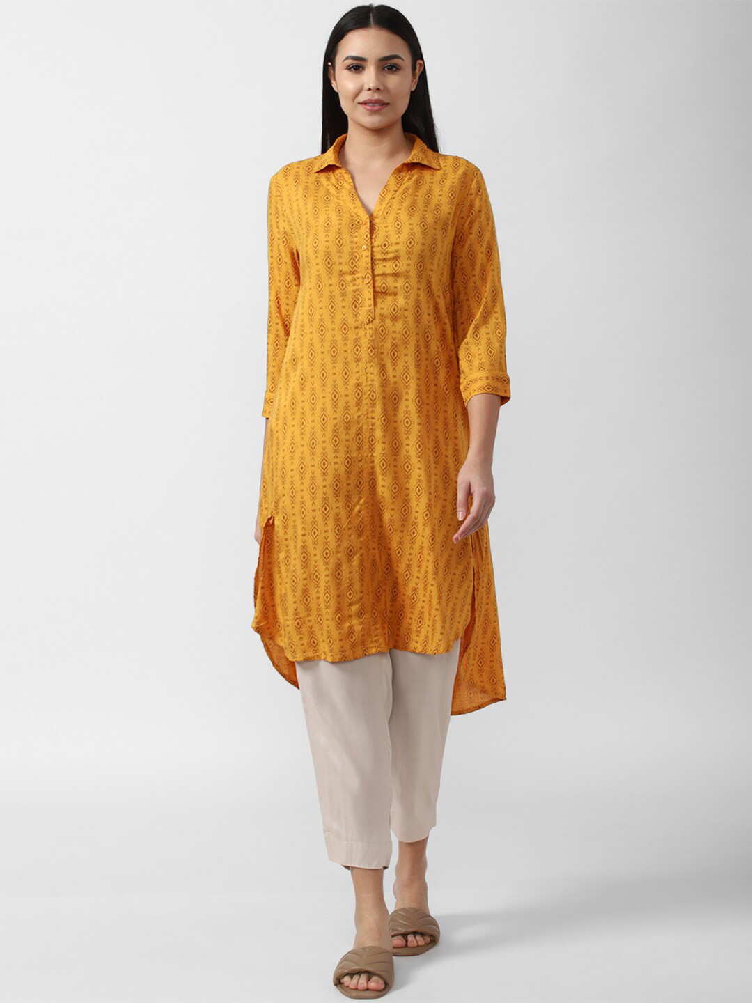 Van Heusen Woman Orange & Brown Shirt Collar Printed Tunic