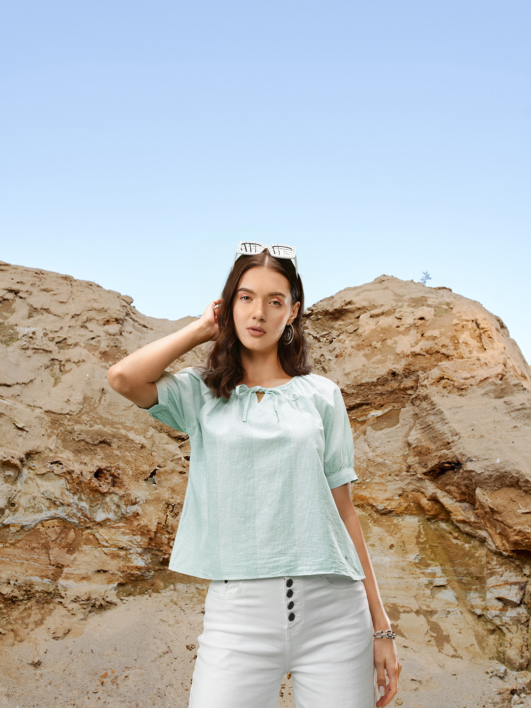 Allen Solly Woman Striped Linen Cotton Tie-Up Neck Top