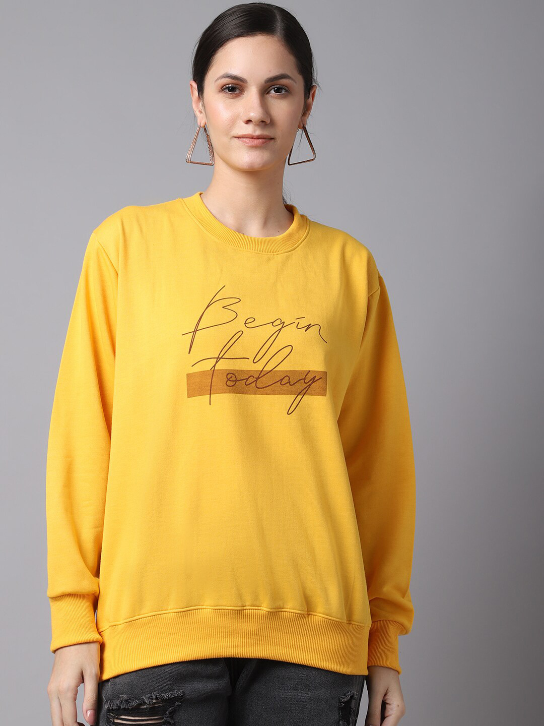 MACK JONNEY Women Yellow Printed Cotton Sweatshirt