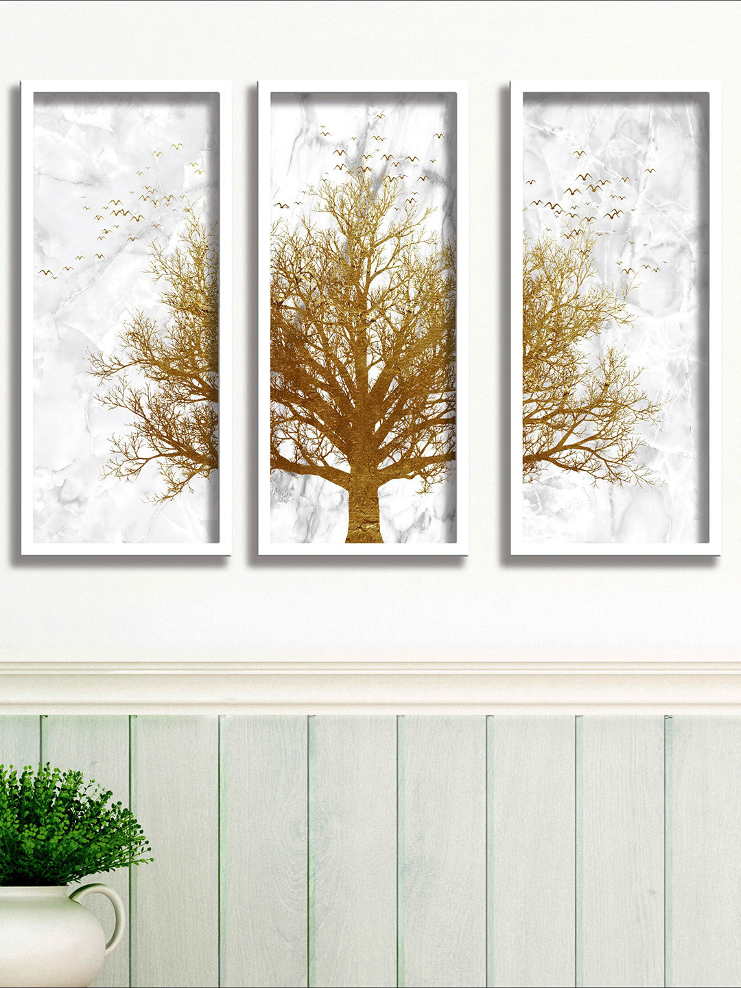 SAF Set Of 3 White Modern UV Textured Painting Wall Art