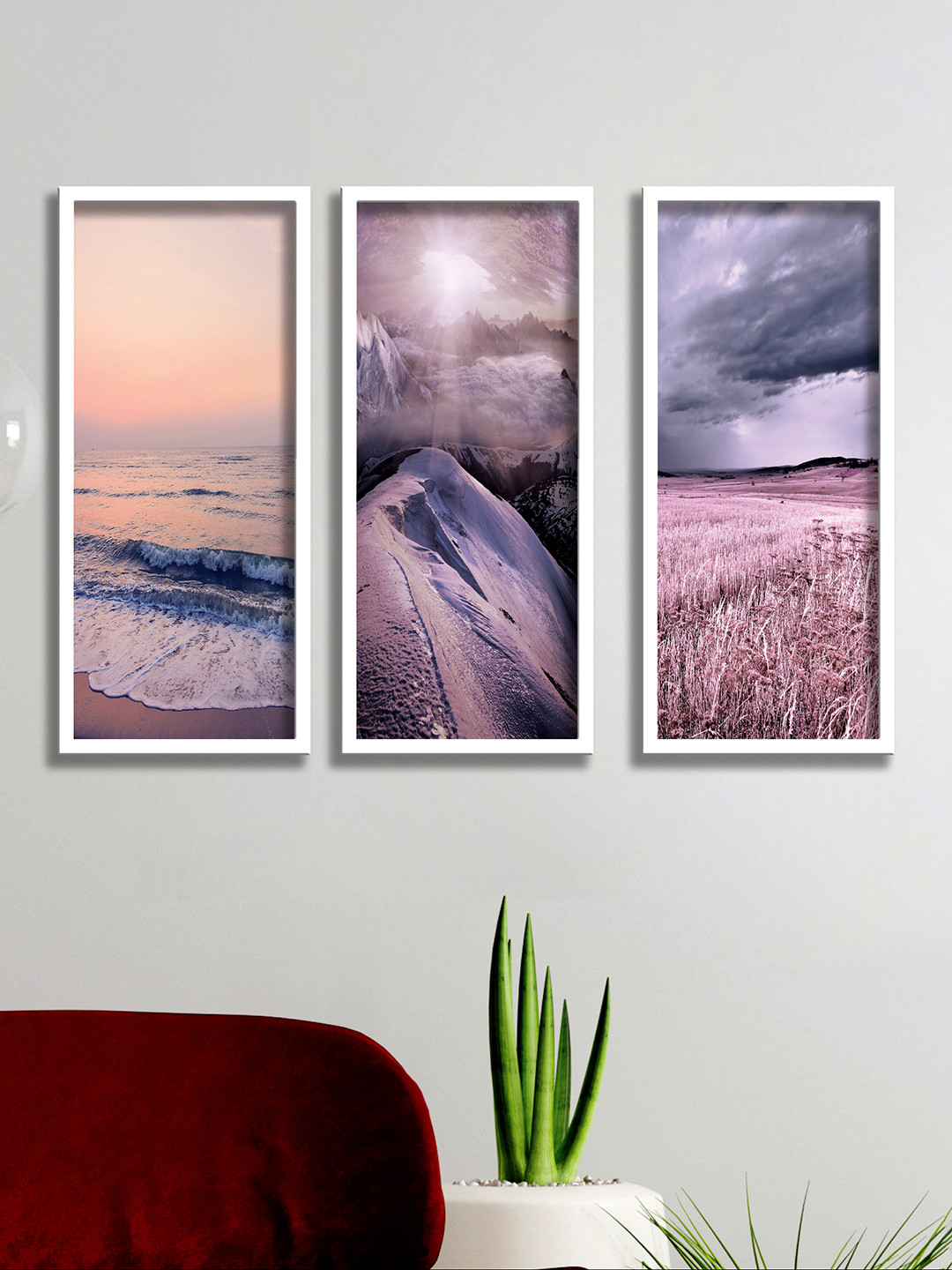 SAF Set Of 3 White & Pink Printed Framed Wall Art with Premium White Frame