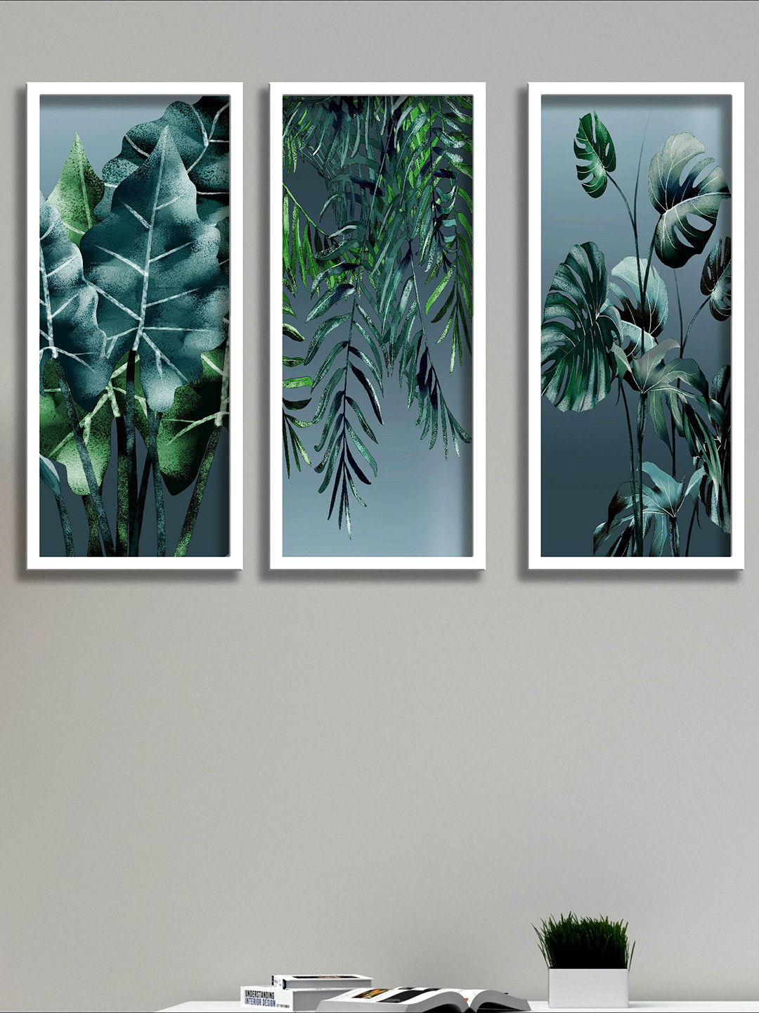 SAF Set Of 3 Blue & White UV Textured Painting Wall Art