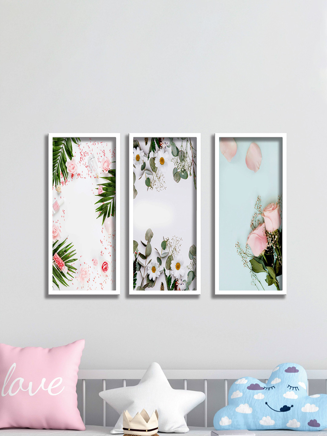 SAF Set Of 3 Green & White UV Textured Painting Wall Art