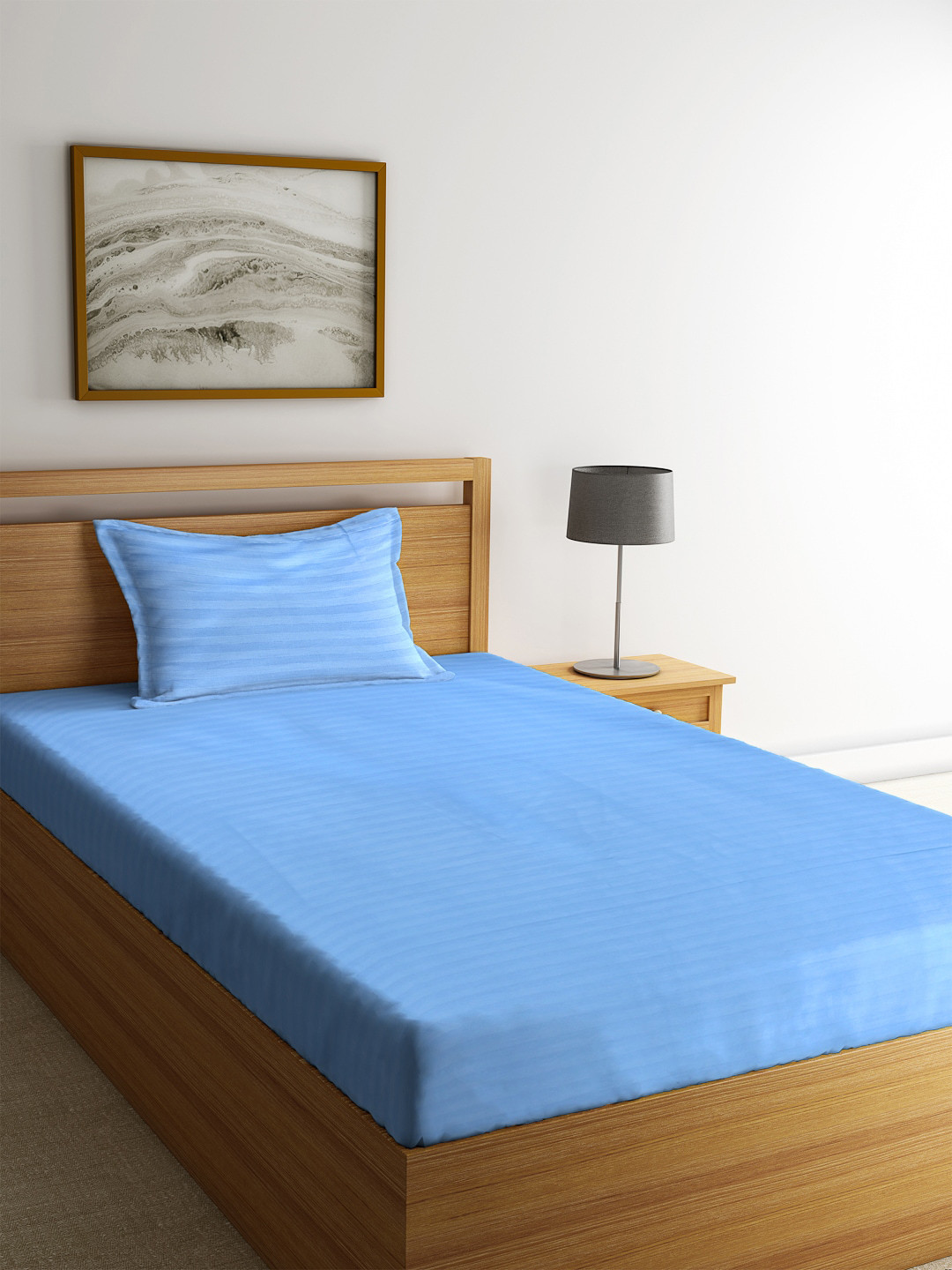 SOKNACK Flat Blue Striped Polycotton 300 TC Single Fine Bedsheet with a Pillow Cover-60 x 90 inches
