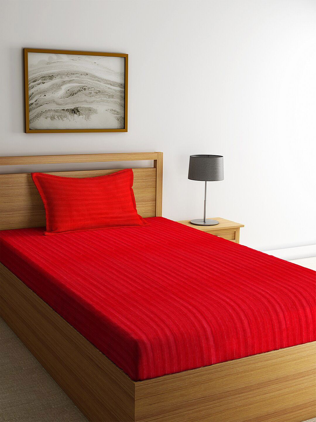 SOKNACK Red Striped Polycotton 300 TC Single Fine Bedsheet with a Pillow Cover-60 x 90 inches