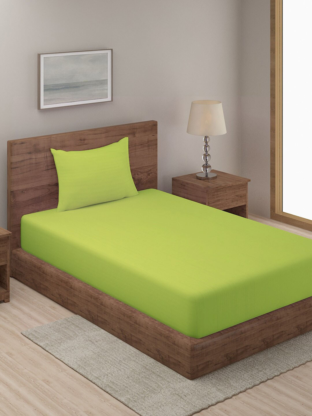 SOKNACK Flat Green Polycotton 300 TC Single Fine Bedsheet with a Pillow Cover-60 x 90 inches