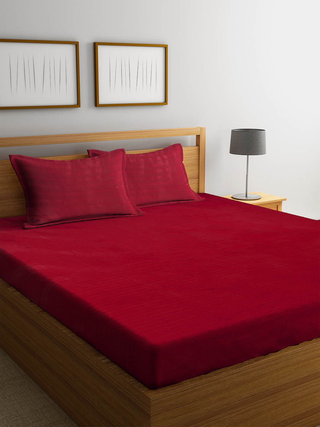 SOKNACK Maple Maroon Striped Polycotton 300 TC King Fine Bedsheet with 2 Pillow Covers-90 x 108 inches
