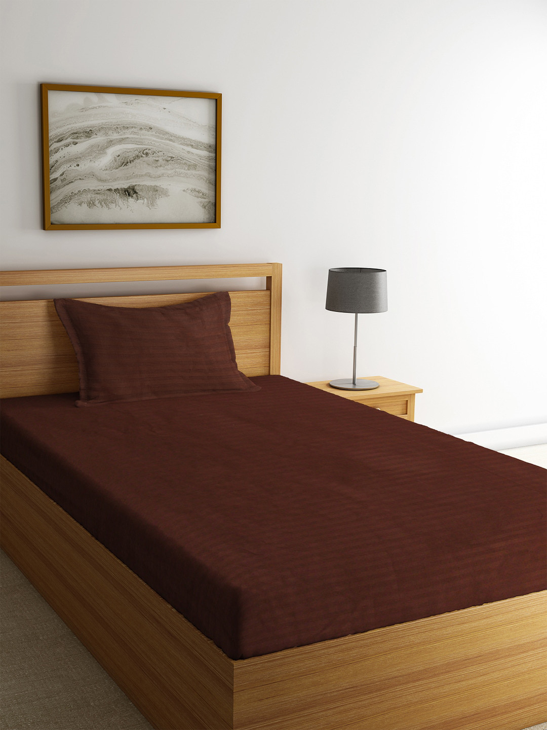 SOKNACK Brown Striped Polycotton 300 TC Single Fine Bedsheet with a Pillow Cover-60 x 90 inches