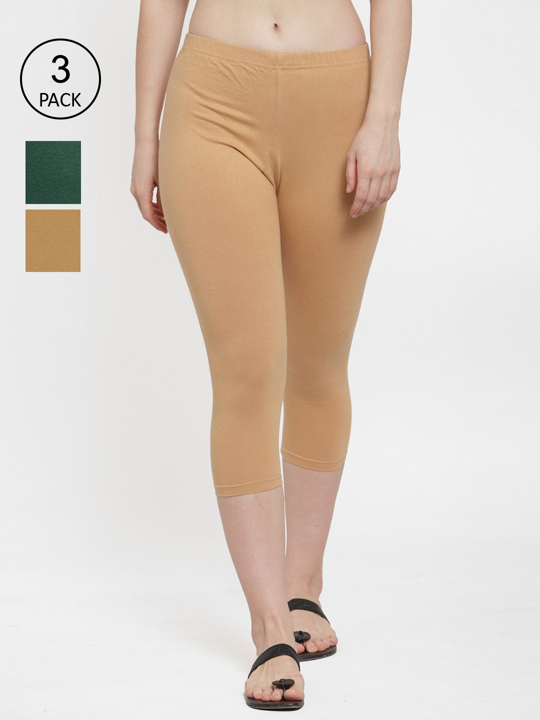 GRACIT Women Beige & Tan Pack Of 3 Cotton Capris
